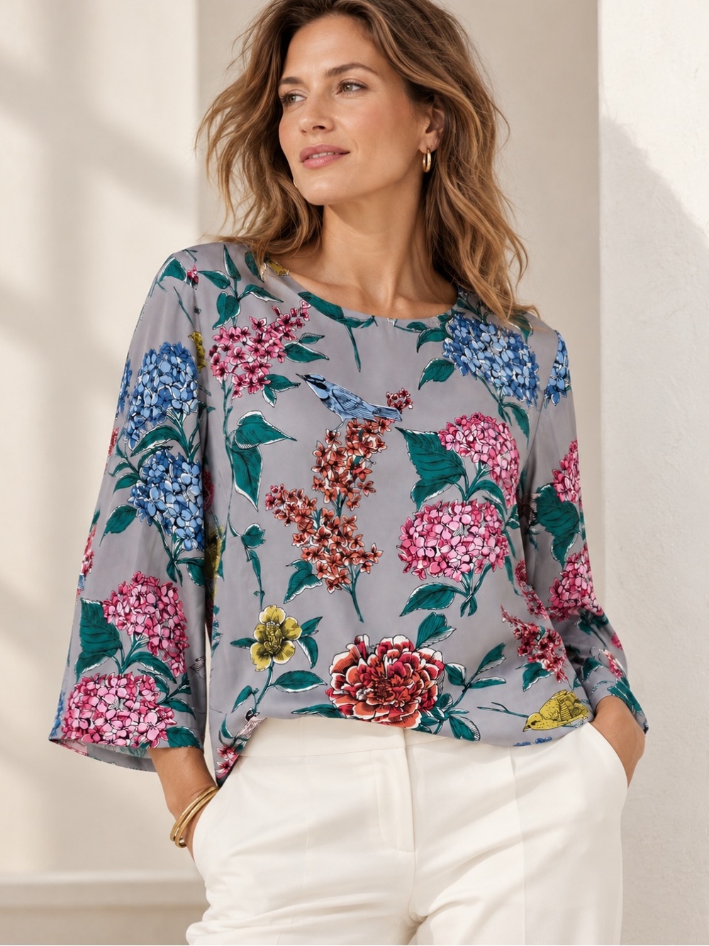Boden Floral Print Blouse in Gray with Pink & Blue Blooms